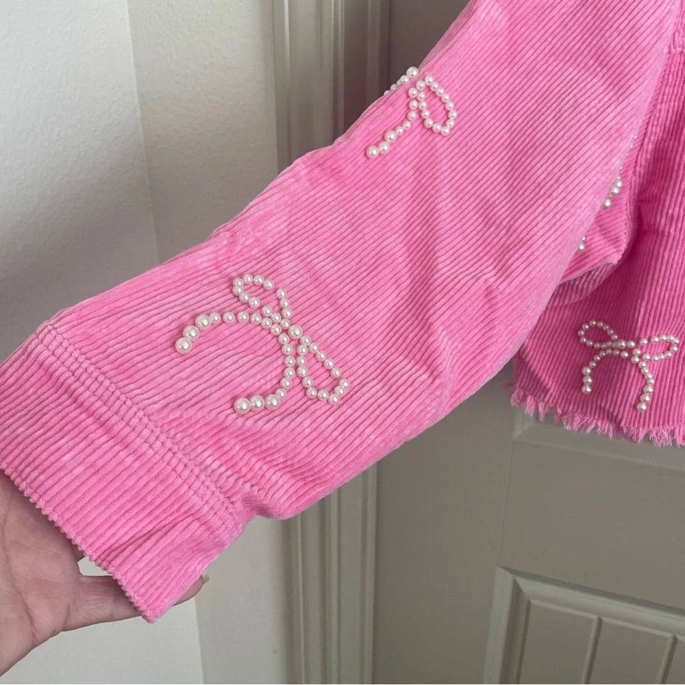 Peach Love California Pink Corduroy Bomber Jacket with Pearl Embellishments - Picture 4 of 8